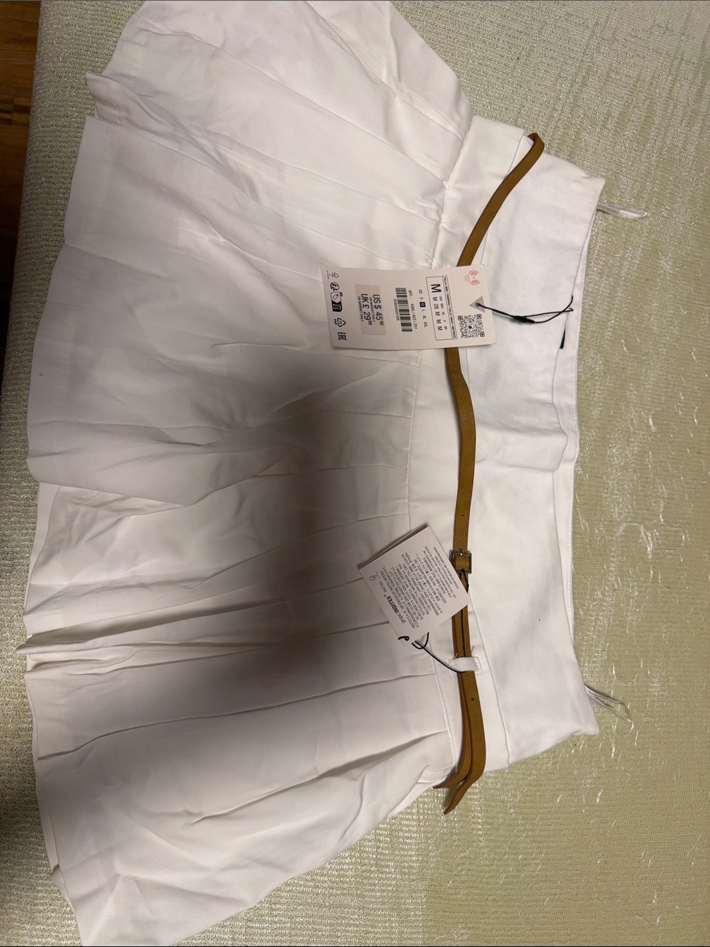 Zara White Pleated Skater Skirt with Tan Belt